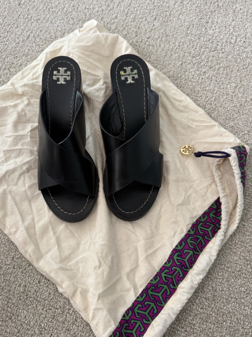 Tory Burch Black Leather Crossband Slide Mules